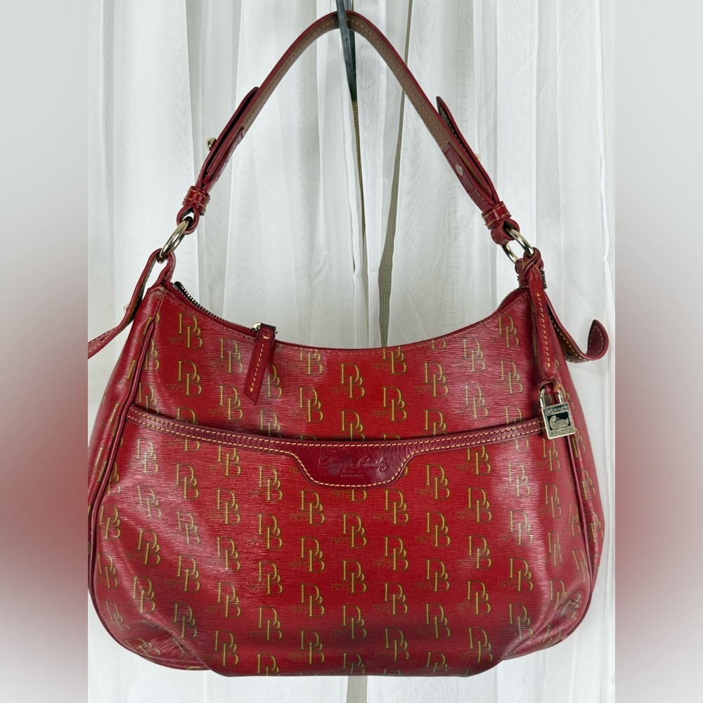 Dooney & Bourke DB Monogram Red Shoulder Hobo Bag Leather Trim